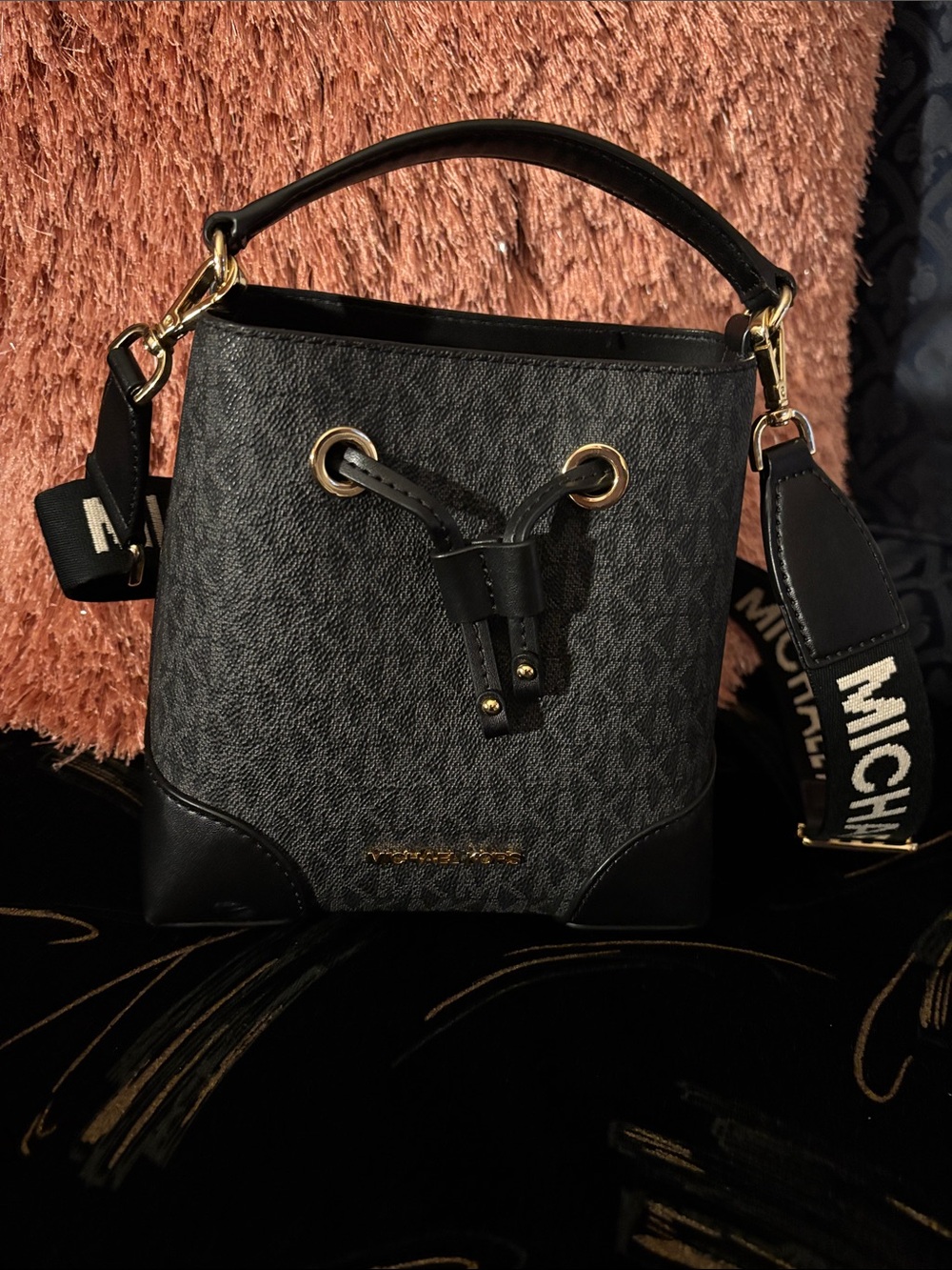 Michael Kors Black Signature Mini Bucket Bag with Branded Strap
